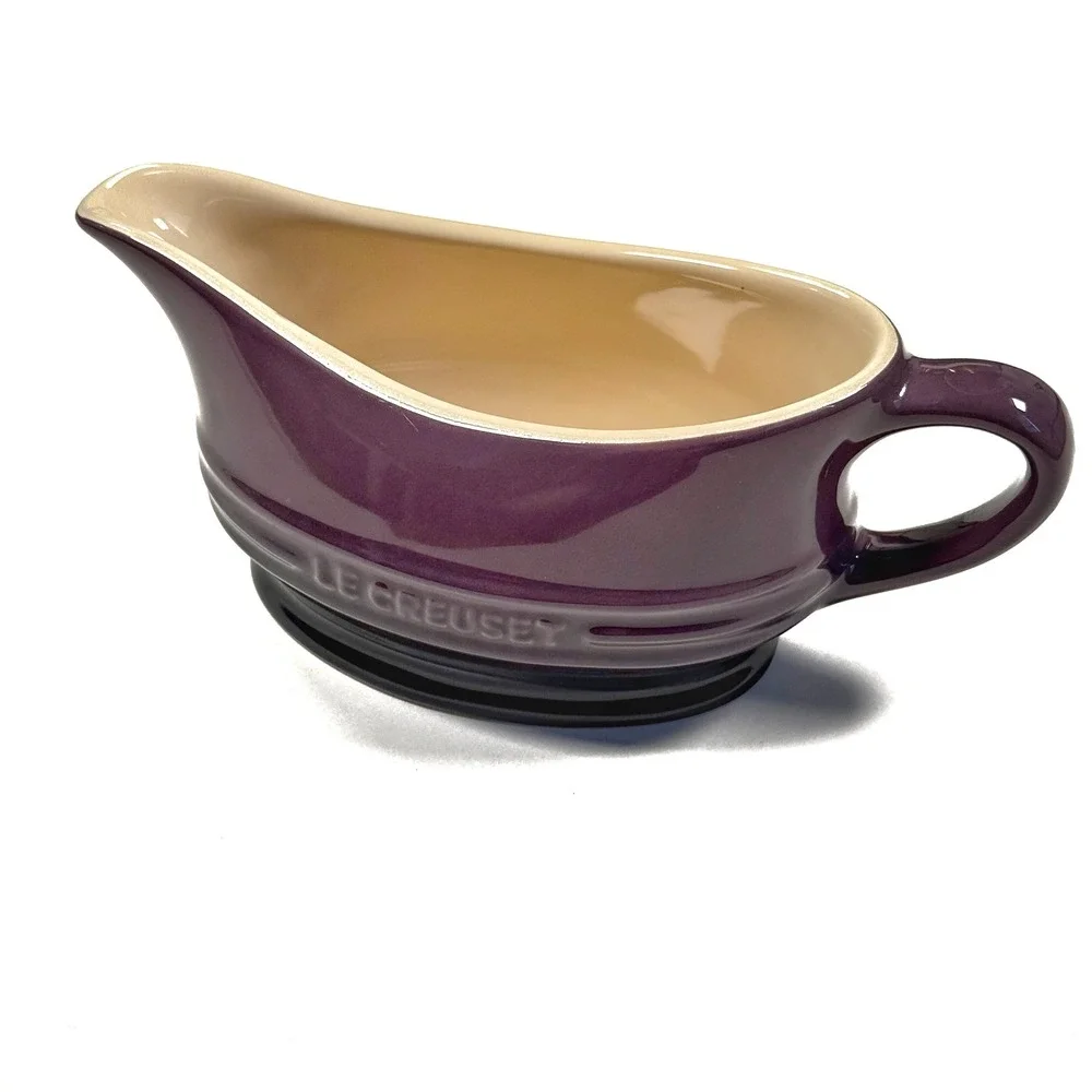 Le Creuset Fig Purple Stoneware Gravy Boat Sauce Pitcher Plum Triple Ring